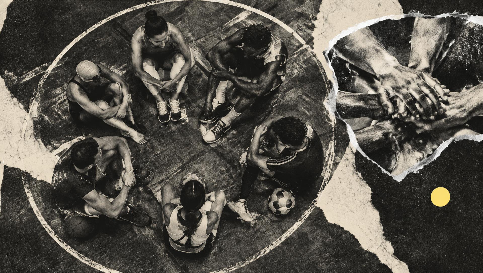 Collage: athletes gathered in a circle, printed in two inks.