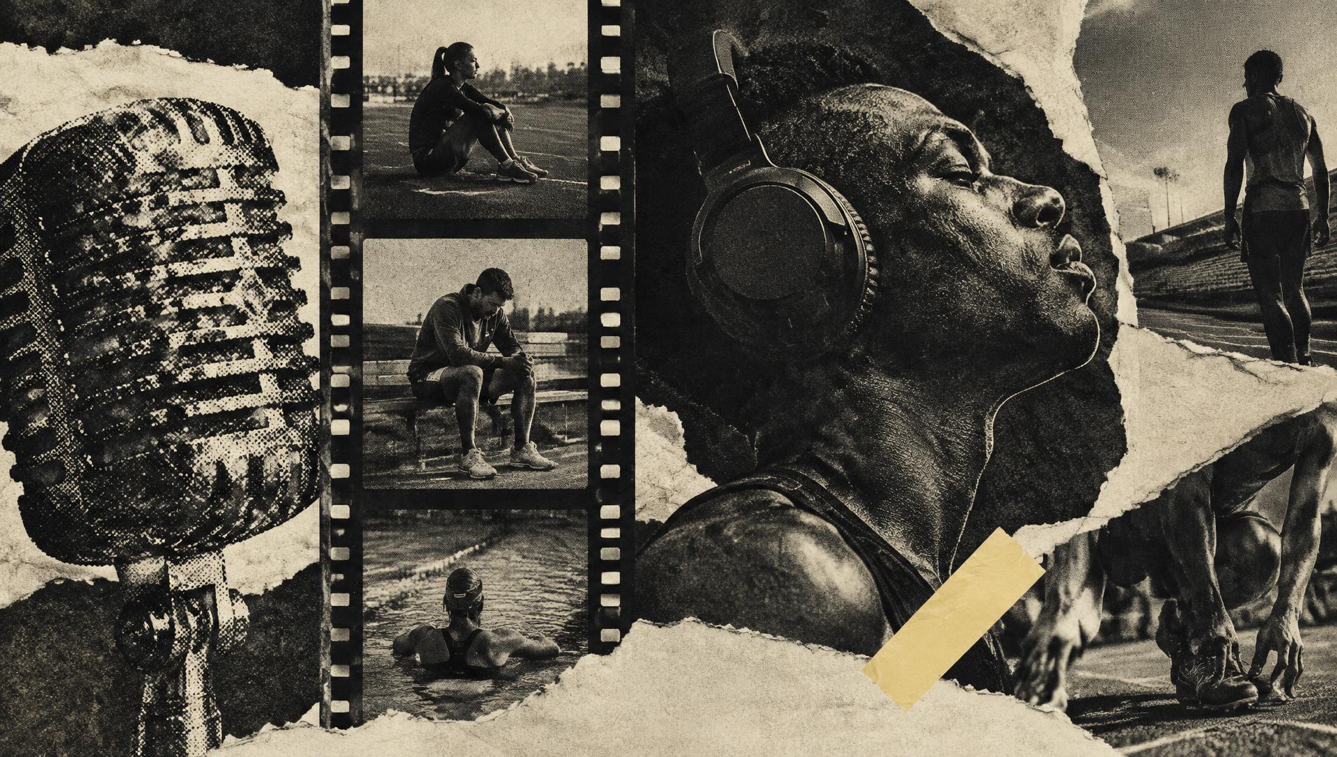 Collage: a vintage microphone, a film strip of athletes at rest, and a runner in headphones, printed in two inks.